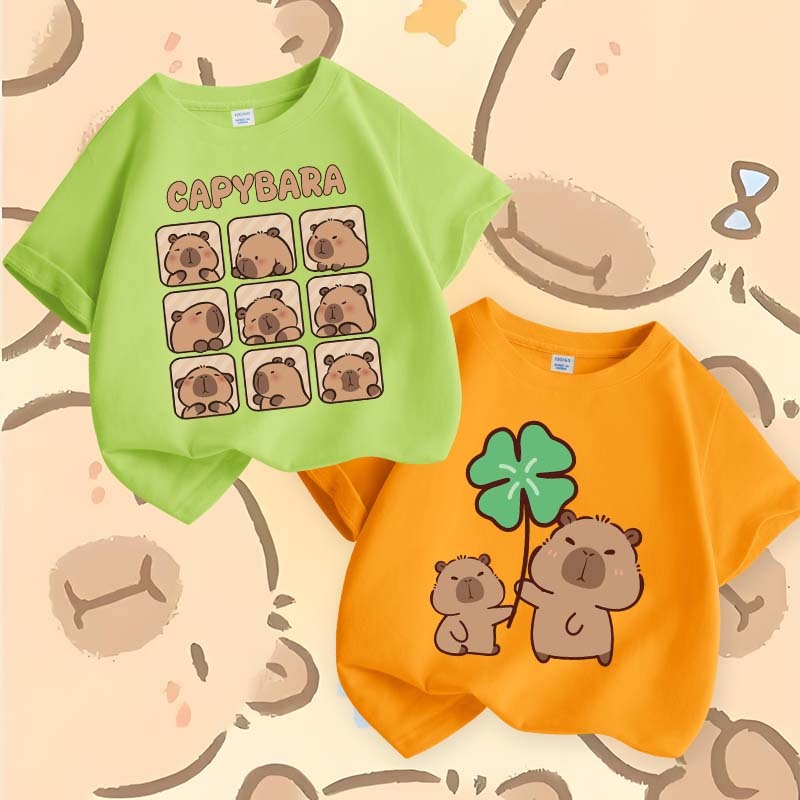 W.G.Q Áo thun bé trai，vải Cotton nguyên chất mềm mại thoải mái，in hình Capybara