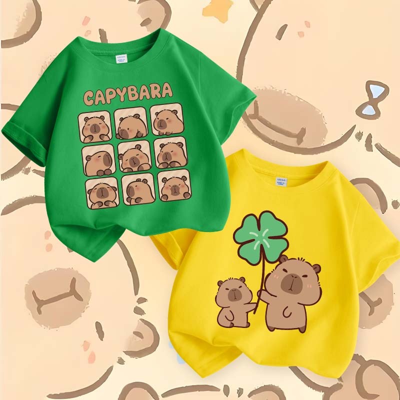 W.G.Q Áo thun bé trai，vải Cotton nguyên chất mềm mại thoải mái，in hình Capybara