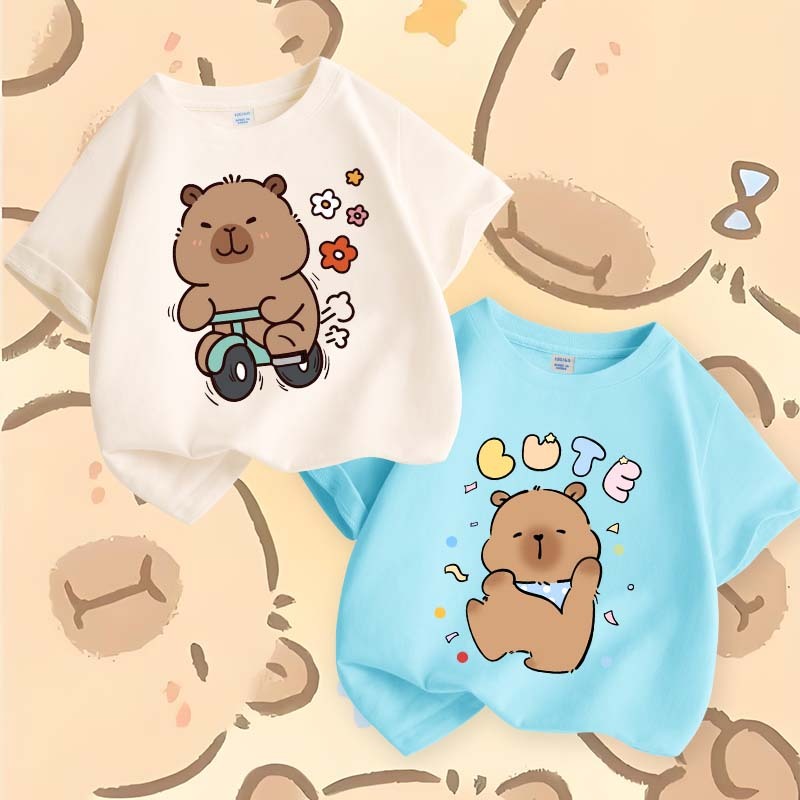 [110cm-160cm]Áo thun bé trai WGQ cotton nguyên chất mẫu mới 2024 ngắn tay in hình độc đáo capybara T-shirt
