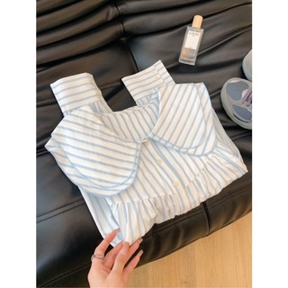 Phong Cách Hàn Quốc Nữ Nữ Sọc Dài Tay Áo Sơ Mi Baju Baju Wanita Lengan Panjang