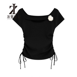 ZHELIHANGFEI Dệt Kim Nữ Dây Rút Eo Hẹp Ôm Hơn Nhìn Tính Khí Cổ Vuông Top Phù Hợp Với Tay Ngắn