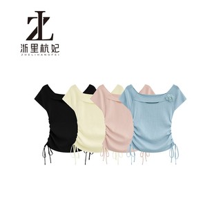 ZHELIHANGFEI Dệt Kim Nữ Dây Rút Eo Hẹp Ôm Hơn Nhìn Tính Khí Cổ Vuông Top Phù Hợp Với Tay Ngắn
