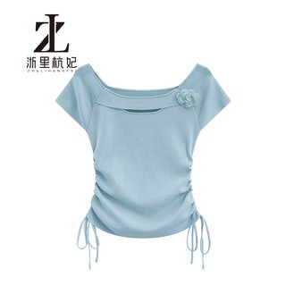 ZHELIHANGFEI Dệt Kim Nữ Dây Rút Eo Hẹp Ôm Hơn Nhìn Tính Khí Cổ Vuông Top Phù Hợp Với Tay Ngắn
