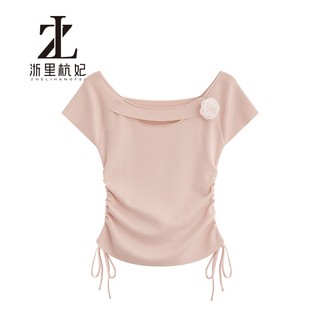 ZHELIHANGFEI Dệt Kim Nữ Dây Rút Eo Hẹp Ôm Hơn Nhìn Tính Khí Cổ Vuông Top Phù Hợp Với Tay Ngắn