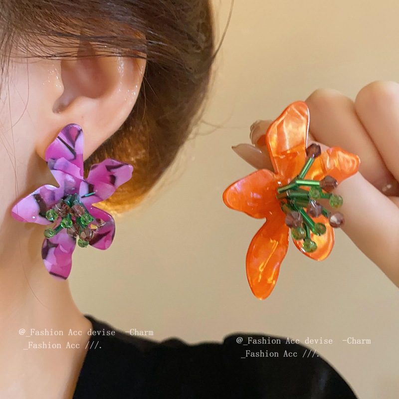 Kim Bạc Mùa Xuân / Mùa Hè Hoa Pha Lê Axit axetic Bông Tai niche khí chất môi trường Bông Tai Phong Cách Sensene Bông Tai Phong Cách Sân Vườn