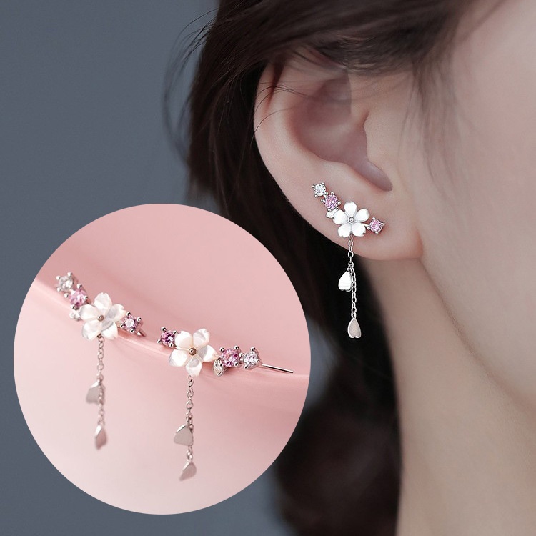 Bông tai hoa anh đào màu hồng bạc S925 Tính khí Bông tai nữ phù hợp