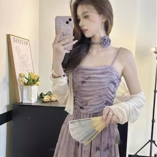 Váy liền Hai Dây Hở Vai Váy Hoa Nhỏ Ống ngực màu tím tôn dáng khí chất mùa hè cho nữ