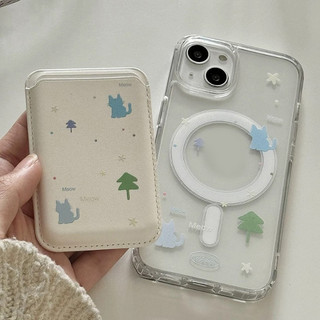 Phim hoạt hình đơn giản hình con mèo màu xanh hình hộp bảo vệ thẻ cho iPhone15pro 15promax 14 14promax 14pro 16 pro max 16 plus Ốp điện thoại ví