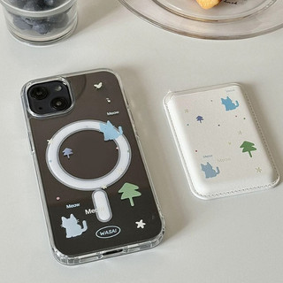 Phim hoạt hình đơn giản hình con mèo màu xanh hình hộp bảo vệ thẻ cho iPhone15pro 15promax 14 14promax 14pro 16 pro max 16 plus Ốp điện thoại ví