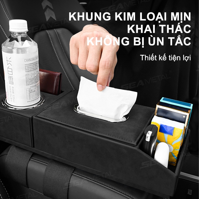 Hộp Tỳ Tay Ô Tô SEAMETAL CÓ KHAY ĐỰNG KHĂN GIẤY, TÚI CHỨA ĐIỆN THOẠI, CARD VISIT