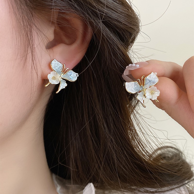 Bạc Kim Pha Lê Bướm Bông Tai Hoa Sentie Thiết Kế Ngọt Ngào Bông Tai Cảm Giác Tươi Mùa Hè Phù Hợp Với Bông Tai Bán Buôn Nữ