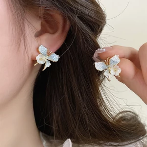 Bạc Kim Pha Lê Bướm Bông Tai Hoa Sentie Thiết Kế Ngọt Ngào Bông Tai Cảm Giác Tươi Mùa Hè Phù Hợp Với Bông Tai Bán Buôn Nữ