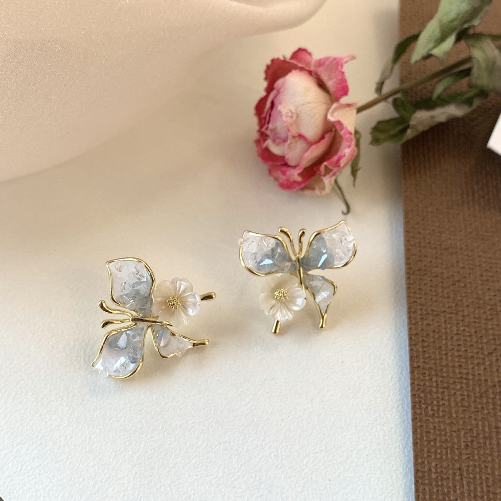 Bạc Kim Pha Lê Bướm Bông Tai Hoa Sentie Thiết Kế Ngọt Ngào Bông Tai Cảm Giác Tươi Mùa Hè Phù Hợp Với Bông Tai Bán Buôn Nữ