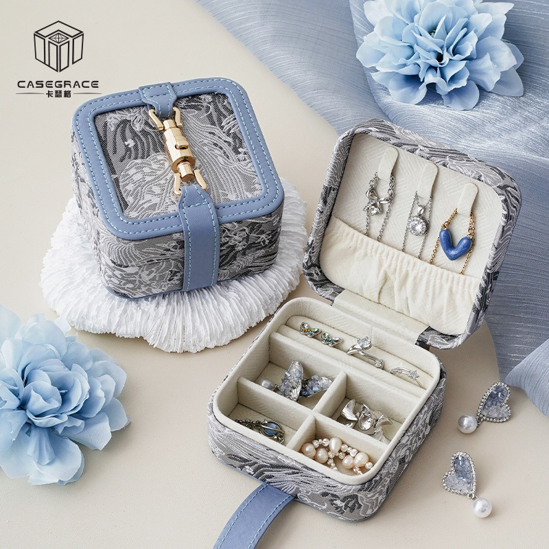 Casegrace Di Động Hộp Trang Sức Thêu Trang Sức Hộp Bảo Quản Kim Loại Khóa Trang Sức Tổ Chức Cho Bông Tai Neclklace Nhẫn Hộp Quà Tặng