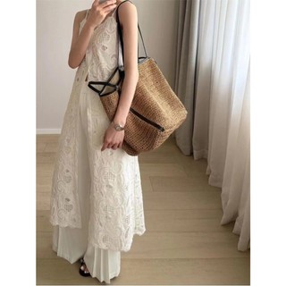 Phong cách hàn quốc nữ mùa hè không tay ren thêu móc maxi dài dáng rộng váy có sẵn hàng mới