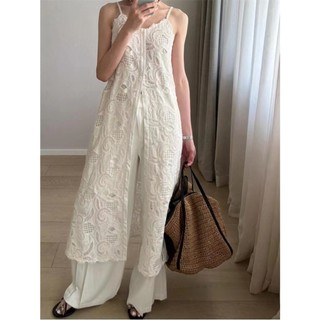 Phong cách hàn quốc nữ mùa hè không tay ren thêu móc maxi dài dáng rộng váy có sẵn hàng mới