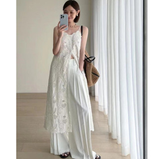 Phong cách hàn quốc nữ mùa hè không tay ren thêu móc maxi dài dáng rộng váy có sẵn hàng mới