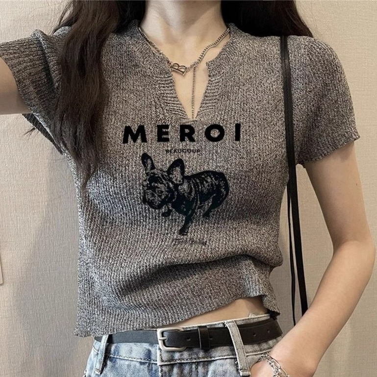 Áo phông ngắn tay cổ chữ V dệt kim lụa lạnh Áo phông in hoa vai trước mẫu mới mùa hè cho nữ