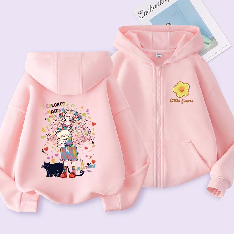 W.G.Q Áo khoác zip cho phụ bé gái , Áo cardigan trùm đầu với túi lớn ở hai bên Thiết kế in thoải mái