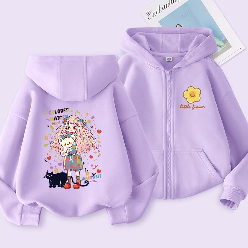 W.G.Q Áo khoác zip cho phụ bé gái , Áo cardigan trùm đầu với túi lớn ở hai bên Thiết kế in thoải mái