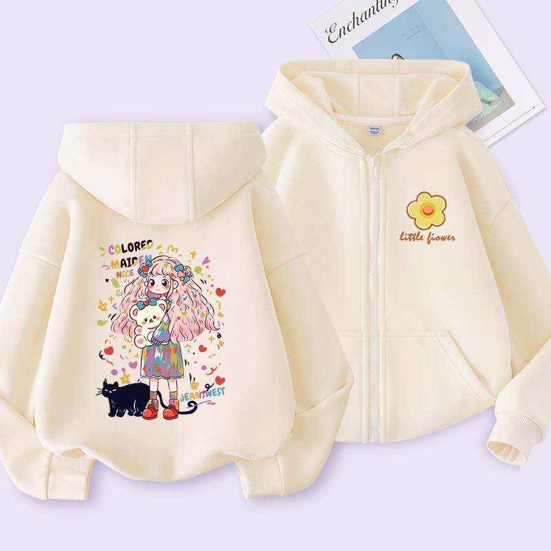 W.G.Q Áo khoác zip cho phụ bé gái , Áo cardigan trùm đầu với túi lớn ở hai bên Thiết kế in thoải mái