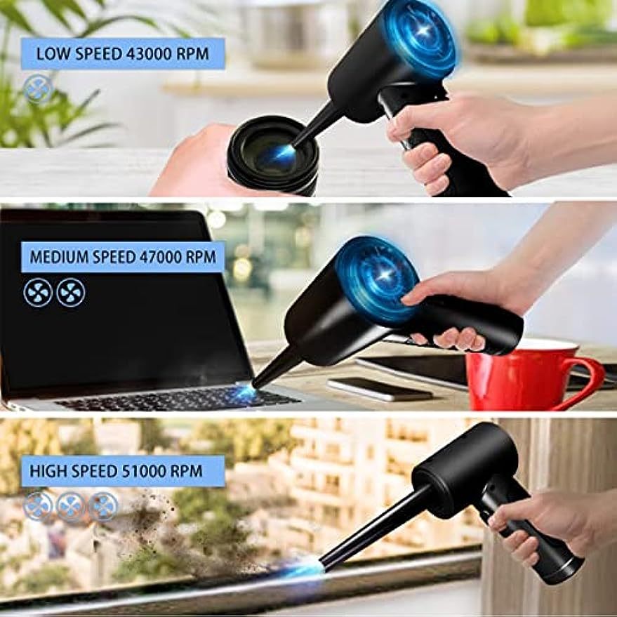 Máy hút bụi khí nén, Máy hút bụi không khí điện Fulljion 3 Gear đến 51000RPM Máy thổi khí di động có đèn LED cho bàn phím máy tính Sạc nhanh (Đen)