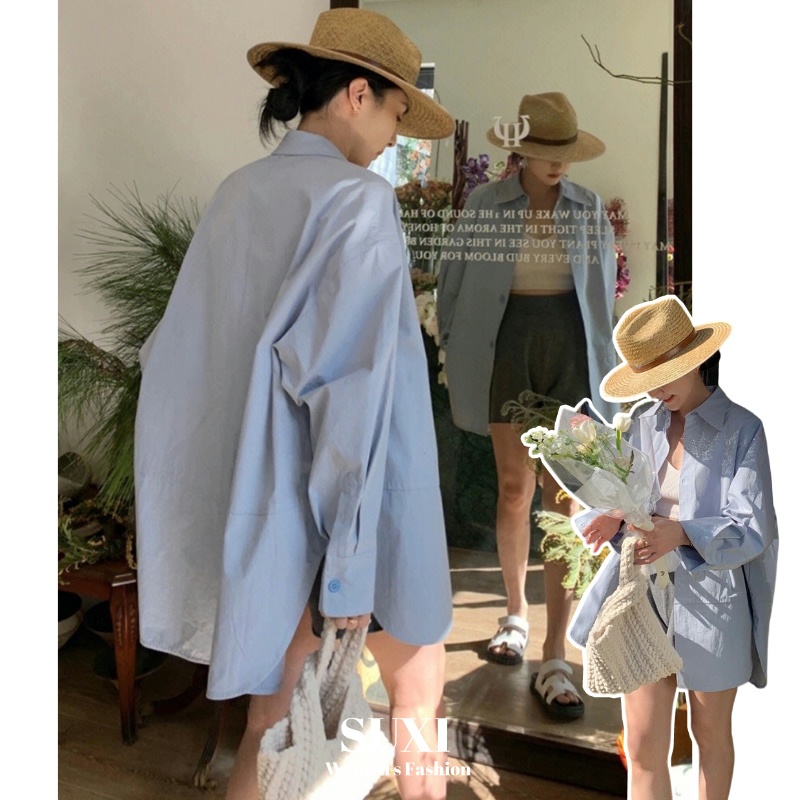 Suxi Đơn Giản Màu Xanh Dài Tay Có Thể Gập Lại Cổ Rời Màu Trơn Áo Sơ Mi Chống Nắng Nữ Top