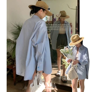 Suxi Đơn Giản Màu Xanh Dài Tay Có Thể Gập Lại Cổ Rời Màu Trơn Áo Sơ Mi Chống Nắng Nữ Top