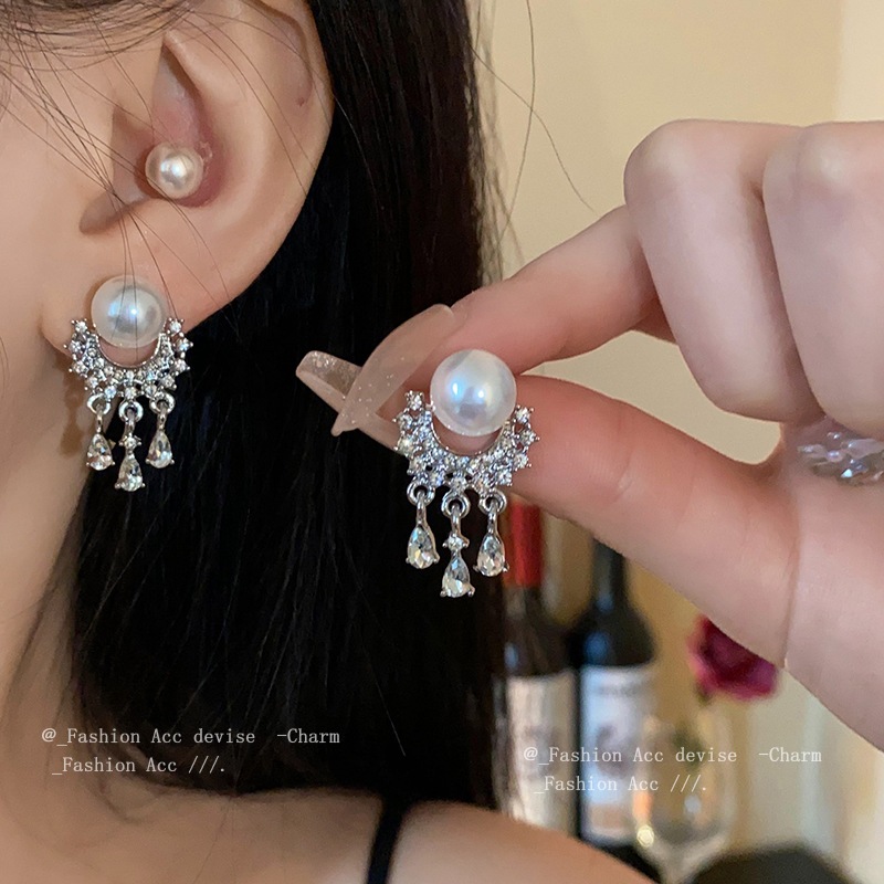 Bộ kim bạc ngọc trai kim cương tua rua bông tai ánh sáng Pháp sang trọng cao cấp cảm giác đinh tán retro thời trang tất cả các phù hợp bông tai bán buôn nữ
