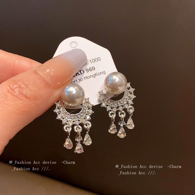 Bộ kim bạc ngọc trai kim cương tua rua bông tai ánh sáng Pháp sang trọng cao cấp cảm giác đinh tán retro thời trang tất cả các phù hợp bông tai bán buôn nữ