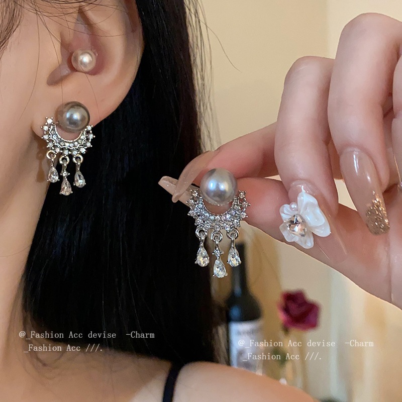 Bộ kim bạc ngọc trai kim cương tua rua bông tai ánh sáng Pháp sang trọng cao cấp cảm giác đinh tán retro thời trang tất cả các phù hợp bông tai bán buôn nữ