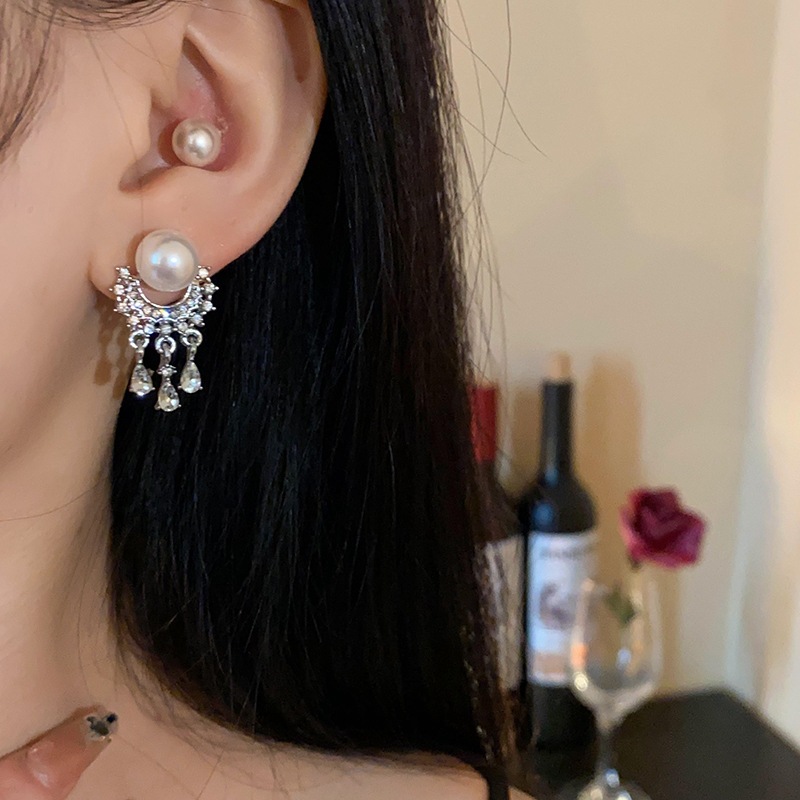 Bộ kim bạc ngọc trai kim cương tua rua bông tai ánh sáng Pháp sang trọng cao cấp cảm giác đinh tán retro thời trang tất cả các phù hợp bông tai bán buôn nữ