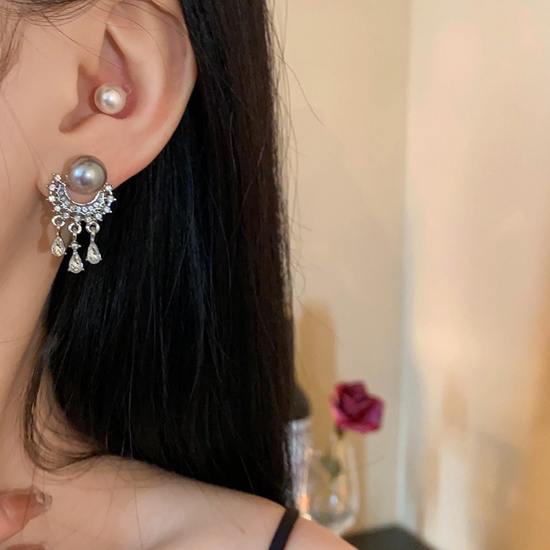 Bộ kim bạc ngọc trai kim cương tua rua bông tai ánh sáng Pháp sang trọng cao cấp cảm giác đinh tán retro thời trang tất cả các phù hợp bông tai bán buôn nữ