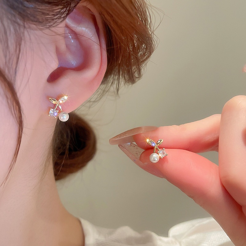 Bông tai kim cương bạc anh đào và ngọc trai, micro-insert zircon, thiết kế đính đá sang trọng