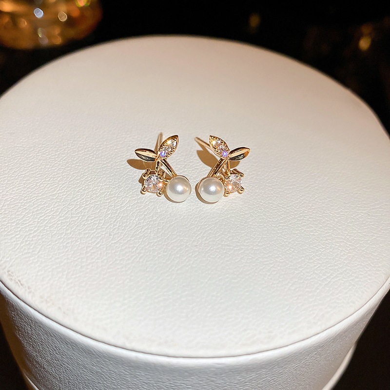Bông tai kim cương bạc anh đào và ngọc trai, micro-insert zircon, thiết kế đính đá sang trọng