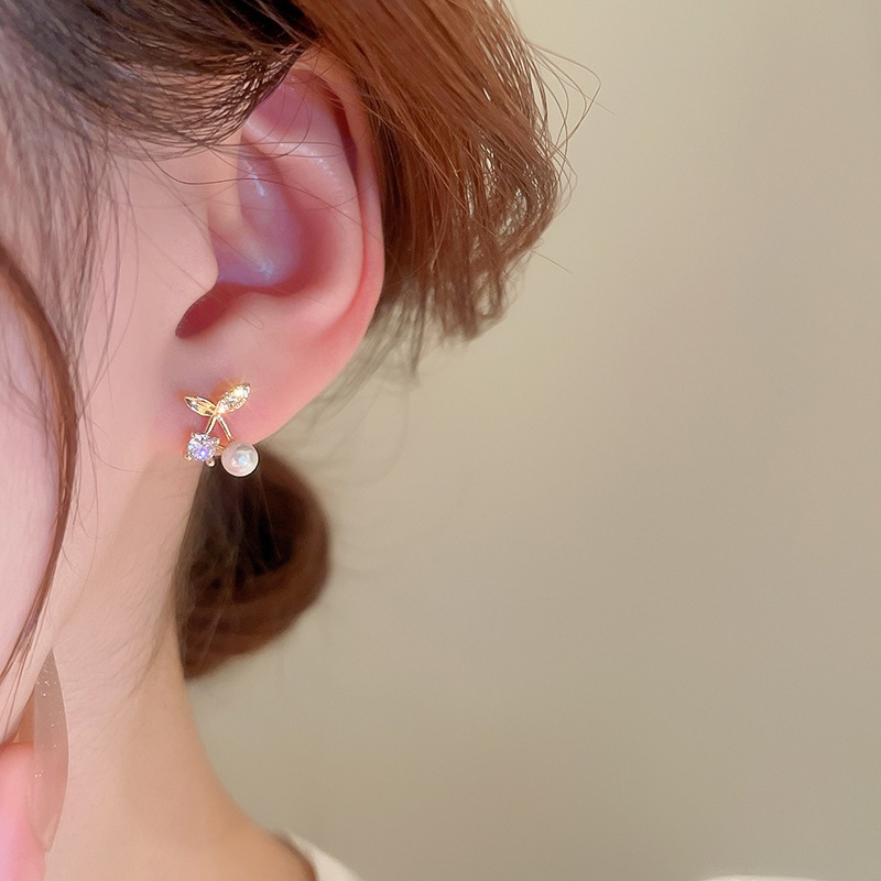 Bông tai kim cương bạc anh đào và ngọc trai, micro-insert zircon, thiết kế đính đá sang trọng