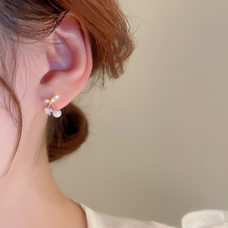 Bông tai kim cương bạc anh đào và ngọc trai, micro-insert zircon, thiết kế đính đá sang trọng