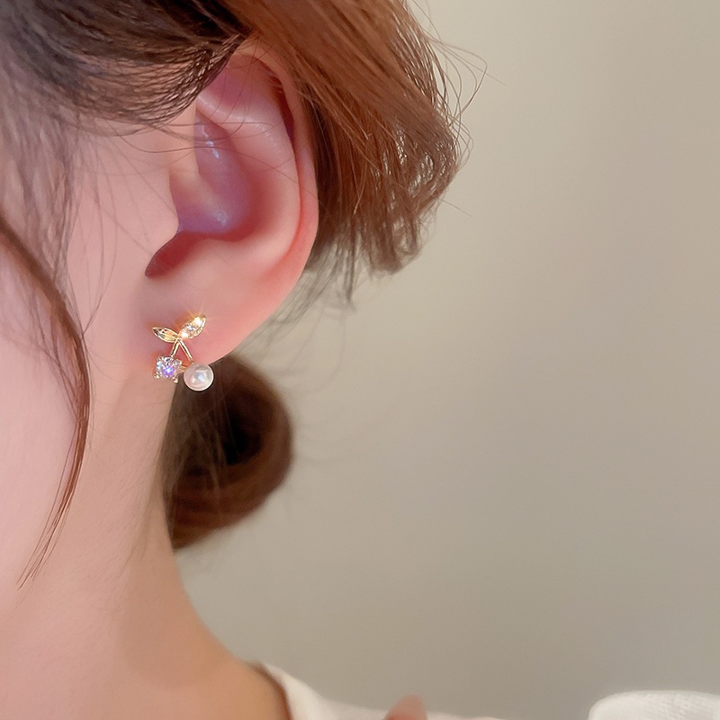 Bông tai kim cương bạc anh đào và ngọc trai, micro-insert zircon, thiết kế đính đá sang trọng