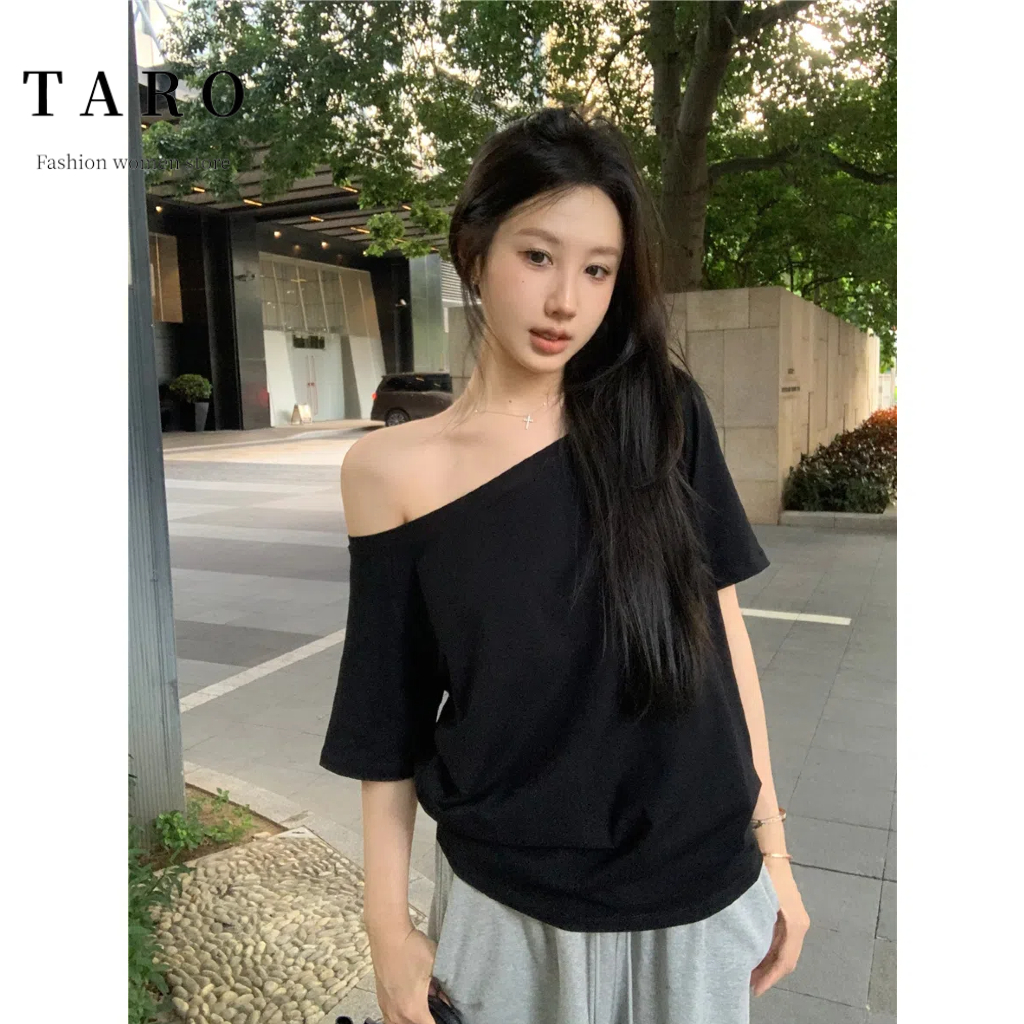 Áo thun ngắn tay một vai lệch vai nữ mùa hè xiên vai mỏng mới dáng rộng ...