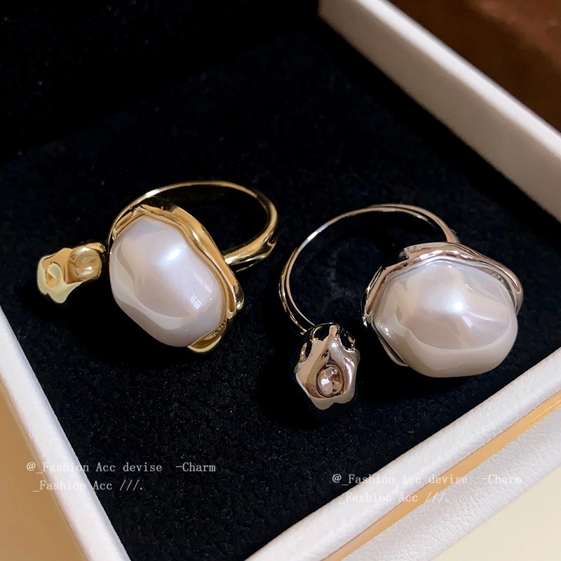 Ngọc trai mạ vàng thật hình bầu dục mở vòng nhẹ sang trọng retro khí chất ngón trỏ nhẫn thời trang cao cấp cảm giác tay trang sức bán buôn
