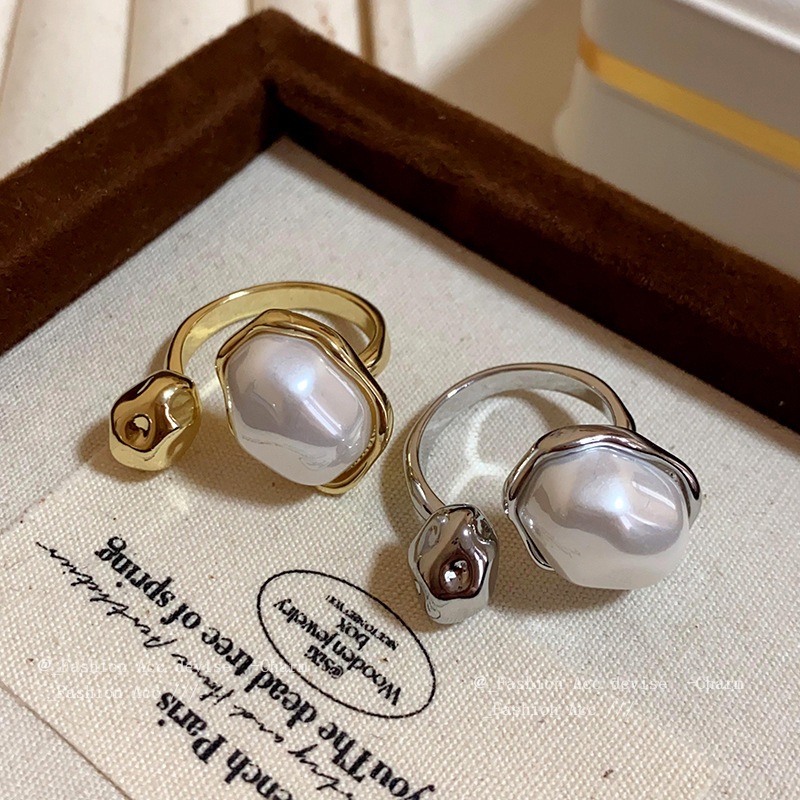 Ngọc trai mạ vàng thật hình bầu dục mở vòng nhẹ sang trọng retro khí chất ngón trỏ nhẫn thời trang cao cấp cảm giác tay trang sức bán buôn
