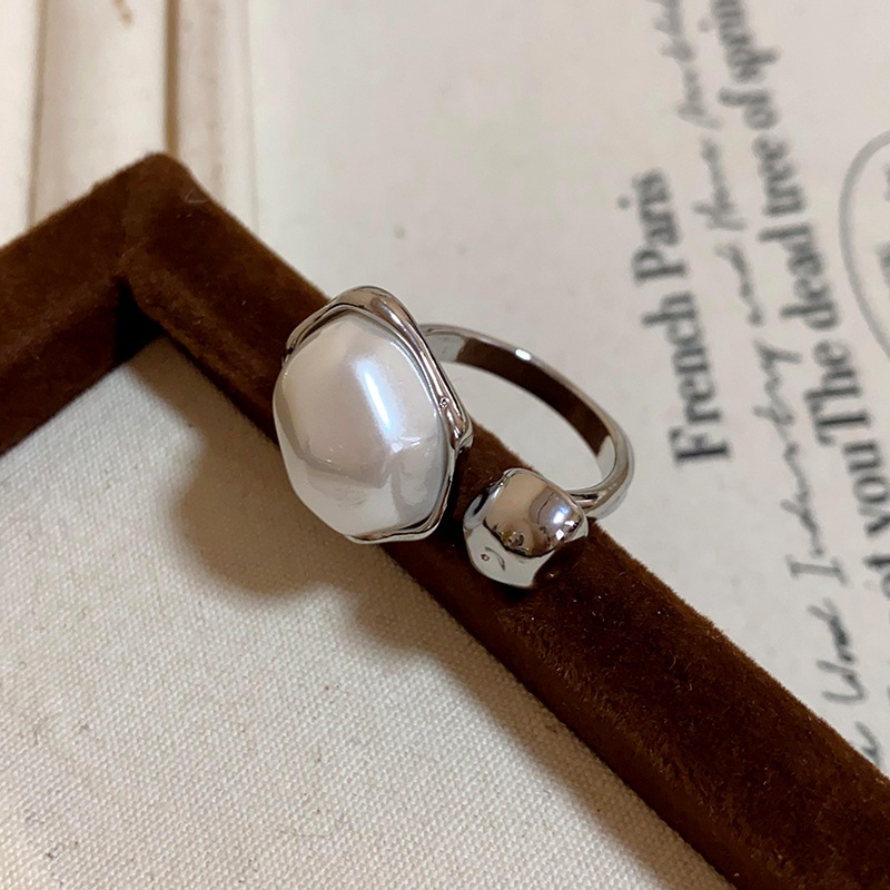 Ngọc trai mạ vàng thật hình bầu dục mở vòng nhẹ sang trọng retro khí chất ngón trỏ nhẫn thời trang cao cấp cảm giác tay trang sức bán buôn