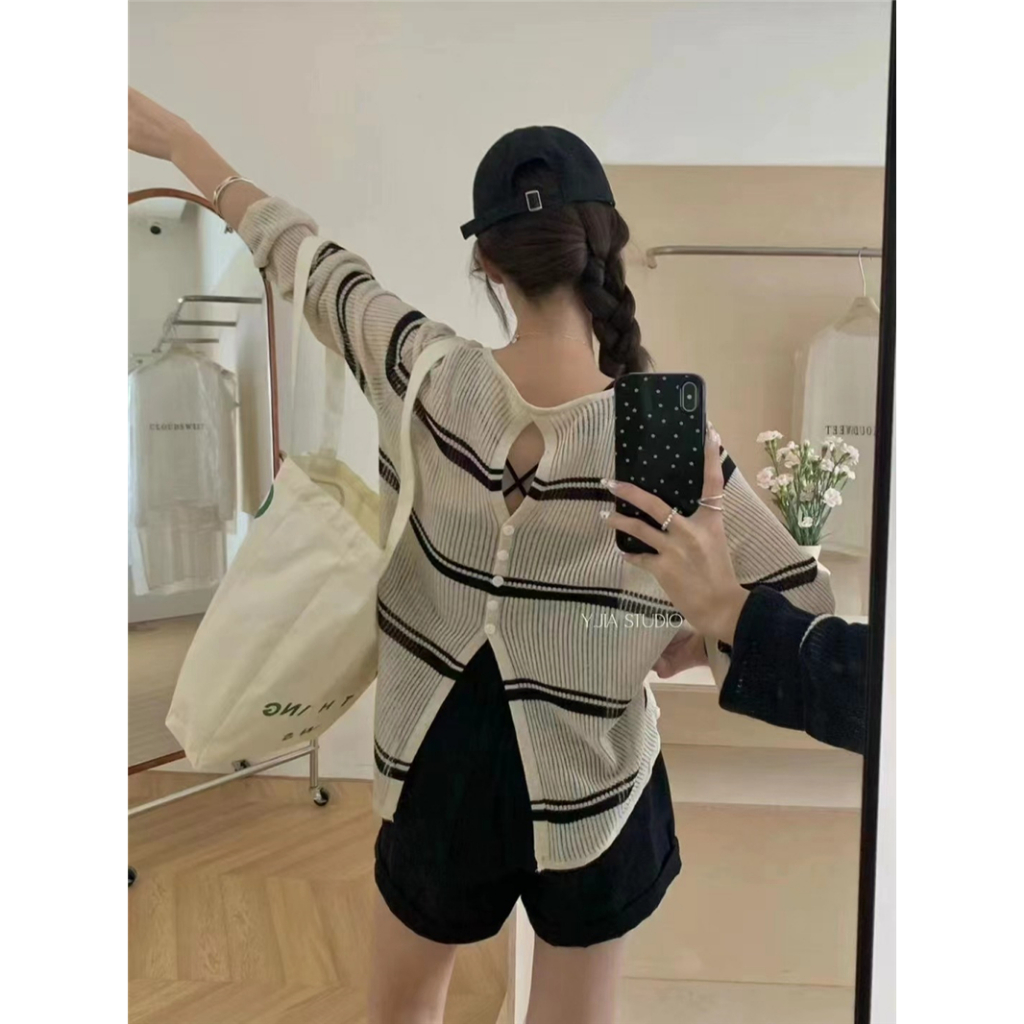 Áo len dệt kim dài tay sọc tương phản kiểu cổ điển SUXI 240725