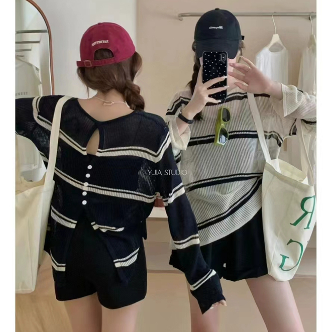 Áo len dệt kim dài tay sọc tương phản kiểu cổ điển SUXI 240725