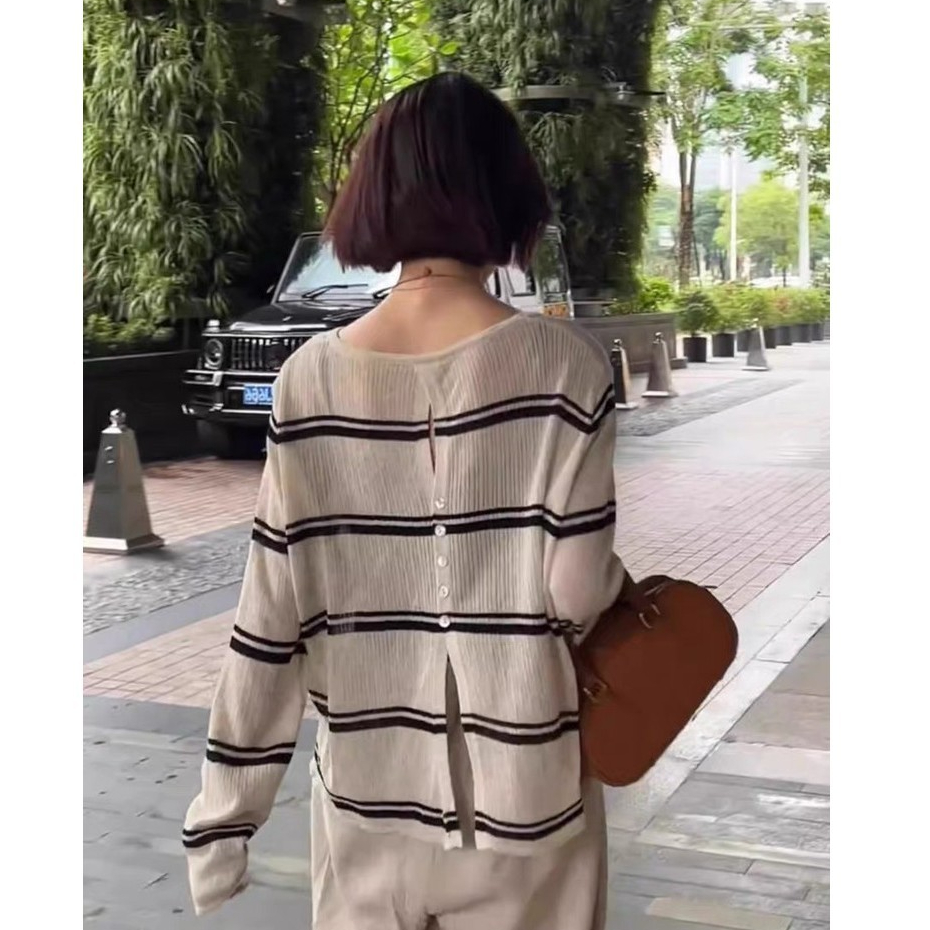 Áo len dệt kim dài tay sọc tương phản kiểu cổ điển SUXI 240725