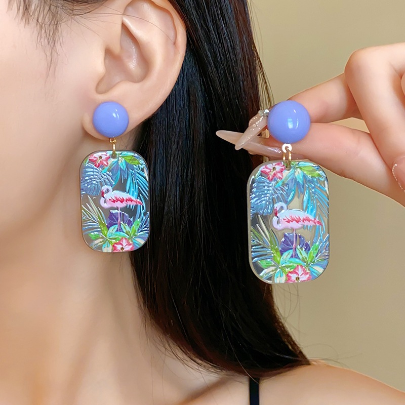 Bông tai hoa nhiệt đới in acrylic kim bạc dành cho nữ Bông tai khí quyển thời trang phóng đại ý nghĩa cao của tất cả các bông tai phù hợp