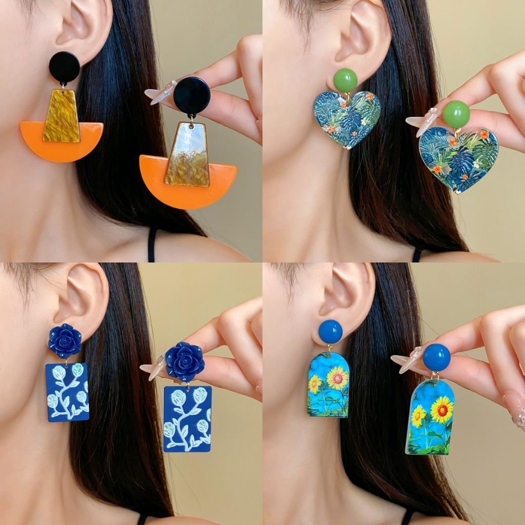 Bông tai hoa nhiệt đới in acrylic kim bạc dành cho nữ Bông tai khí quyển thời trang phóng đại ý nghĩa cao của tất cả các bông tai phù hợp