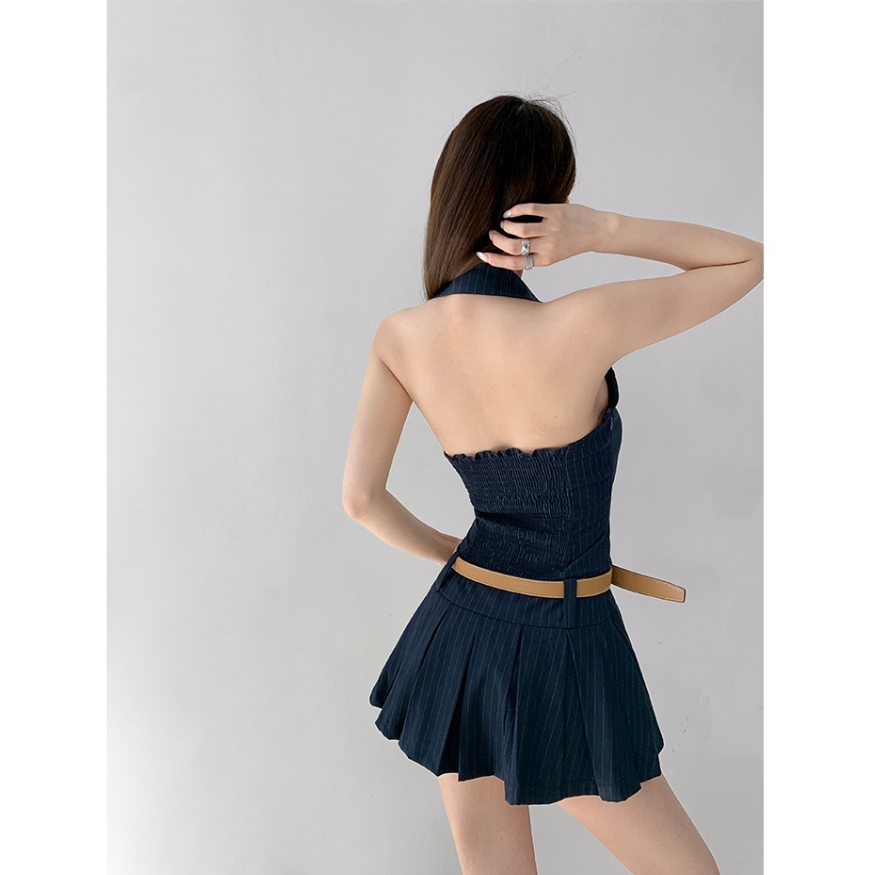 Mọi người mặc đều có thân hình tốt ~ Bộ đồ sọc không tay hẹp siêu sang trọng Váy xếp li cổ chữ V Váy dây cổ chữ V sọc Bộ đồ xếp li Váy Hot Girl không tay ngắn gợi cảm Váy ngắn gợi cảm Váy ngắn gợi cảm