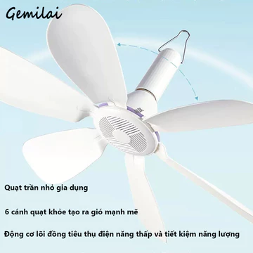 Gemilai Quạt trần nhỏ cho ký túc xá gia đình Quạt mùng 6 cánh quạt âm thanh nhẹ Quạt trần giường mini Quạt trần ký túc xá nhà gió quạt điện
