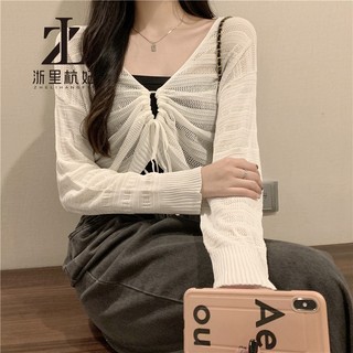 ZHELIHANGFEI Dệt Kim Cardigan Trước Và Sau Rỗng Dây Rút Kem Chống Nắng Nữ Mùa Hè Mỏng Phong Cách Nhẹ Thoáng Khí Nhỏ Sling Áo Bên Ngoài